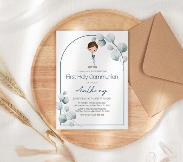 Boy First Holy Communion Invitation Template, Printable Invitation, Editable, Arch Greenery Eucalyptus Watercolor, Navy, FC14