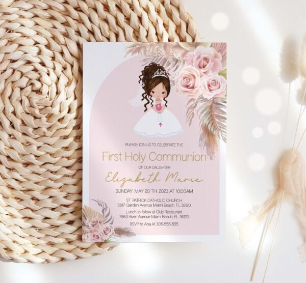 Girl First communion welcome sign, 1st communion poster, Boho Communion Decoration, Printable Sign, Floral Pink and Gold, Editable, FC015 - Image 3