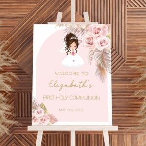 Girl First communion welcome sign, 1st communion poster, Boho Communion Decoration, Printable Sign, Floral Pink and Gold, Editable, FC015