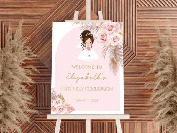 Girl First communion welcome sign, 1st communion poster, Boho Communion Decoration, Printable Sign, Floral Pink and Gold, Editable, FC015