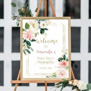 First communion welcome sign, girl first communion, communion decoration, printable sign, blush and gold, floral watercolor, FC05