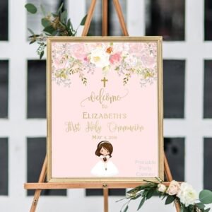 First communion welcome sign girl, 1st communion poster, communion decoration, printable sign, floral blush and gold, custom sign, FC01