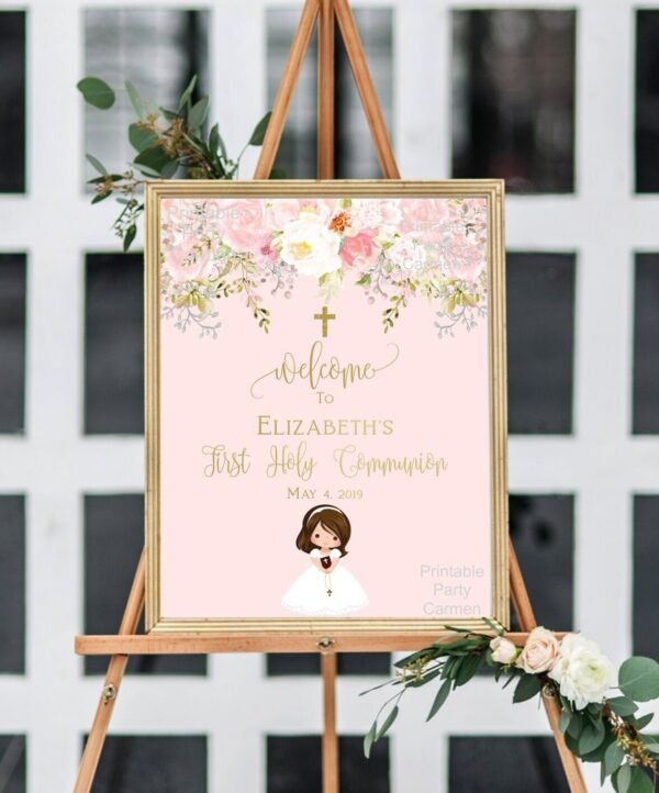 First communion welcome sign girl, 1st communion poster, communion decoration, printable sign, floral blush and gold, custom sign, FC01