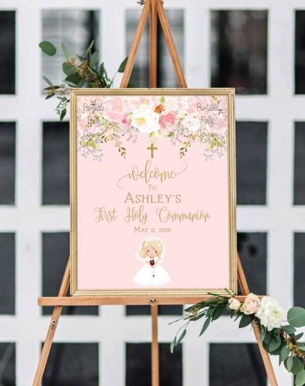 First communion welcome sign girl, 1st communion poster, communion decoration, printable sign, floral blush and gold, custom sign, FC01 - Image 3