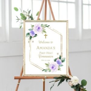 Purple First Communion Welcome Sign, 1st Communion Poster, Communion Decoration, Printable Sign, Floral Lilac and Gold, Custom sign, FC06