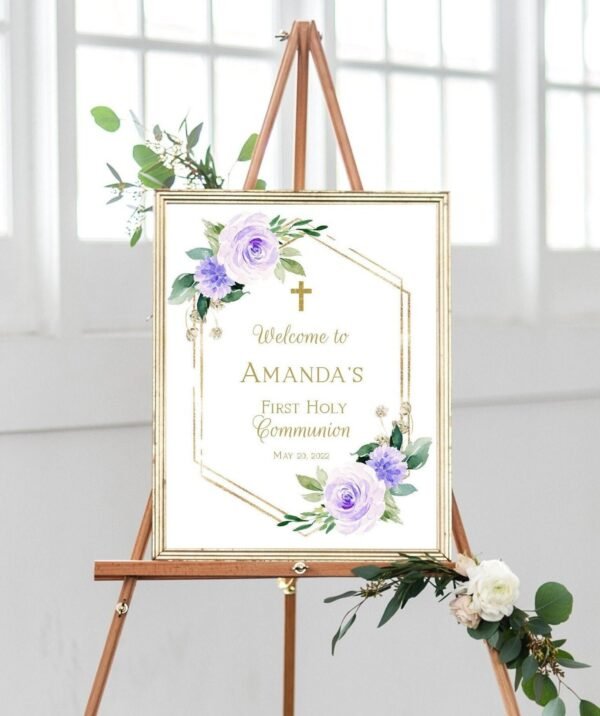 Purple First Communion Welcome Sign, 1st Communion Poster, Communion Decoration, Printable Sign, Floral Lilac and Gold, Custom sign, FC06
