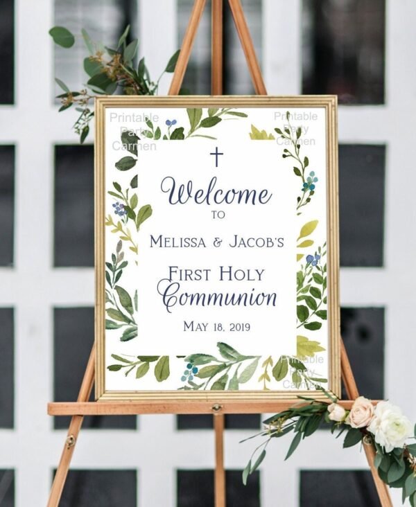 First communion welcome sign boy, Printable sign siblings, Communion Poster, Communion decoration twins, Greenery sign, Navy - Image 2