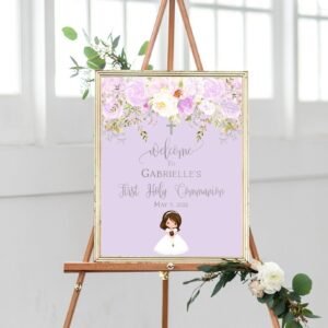 Purple First communion Welcome Sign Girl, 1st Communion Poster, First Holy Communion Girl, Printable sign, Floral Purple and Silver, FC03