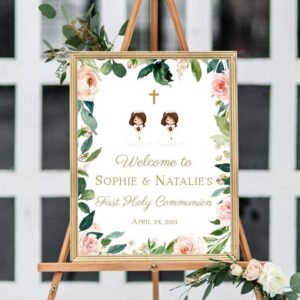 Girl First communion welcome sign, Girl First Communion Poster, Communion Decoration, Printable Sign, Floral watercolor, FC05
