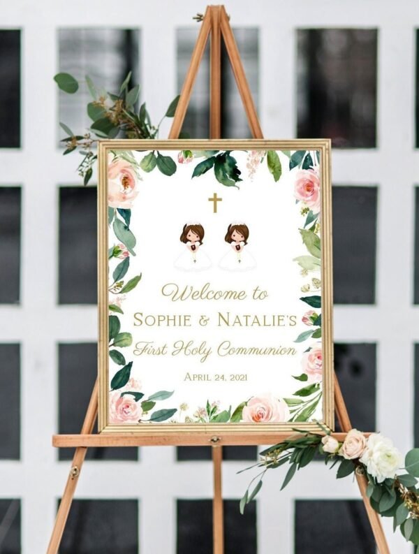 Girl First communion welcome sign, Girl First Communion Poster, Communion Decoration, Printable Sign, Floral watercolor, FC05