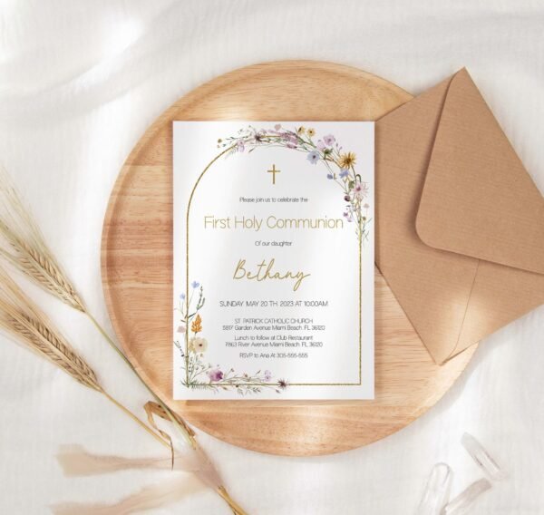 Girl First Holy Communion Card, First Holy Communion Floral Spring Flowers, Wild Floral Watercolor, Printable Invitation, Editable, FC16 - Image 2