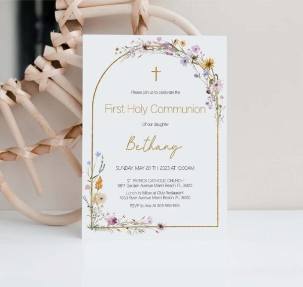 Gil First Communion Favor Tags, Thank you Tags Communion, printable tags, Spring Flowers, Wild floral, Editable template, Arch gold, FC16 - Image 5