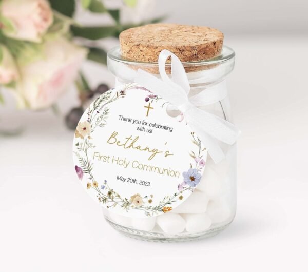 Gil First Communion Favor Tags, Thank you Tags Communion, printable tags, Spring Flowers, Wild floral, Editable template, Arch gold, FC16