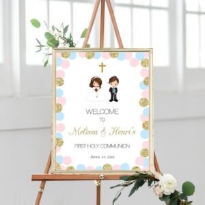 Printable First Holy Communion Welcome Sign, Siblings Communion, 1st communion poster, Communion Decoration, Pink and Blue, FC09