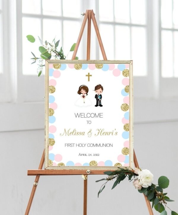 Printable First Holy Communion Welcome Sign, Siblings Communion, 1st communion poster, Communion Decoration, Pink and Blue, FC09