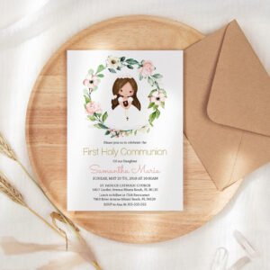 First Holy Communion Card, Girl First Holy Communion invitation, Printable Invitation, Editable Template, Wreath Floral Rose Watercolor FC13