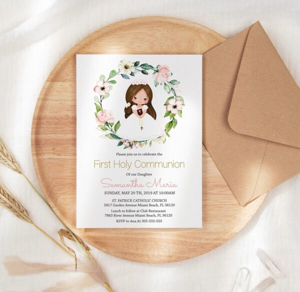 First Holy Communion Card, Girl First Holy Communion invitation, Printable Invitation, Editable Template, Wreath Floral Rose Watercolor FC13