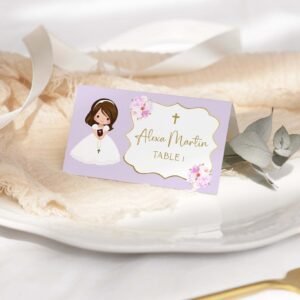 Girl First Communion Place cards, Tent Card, Lilac Printable Place Cards, Seating card, Editable Template, Communion Table cards, FC03