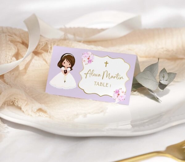 Girl First Communion Place cards, Tent Card, Lilac Printable Place Cards, Seating card, Editable Template, Communion Table cards, FC03
