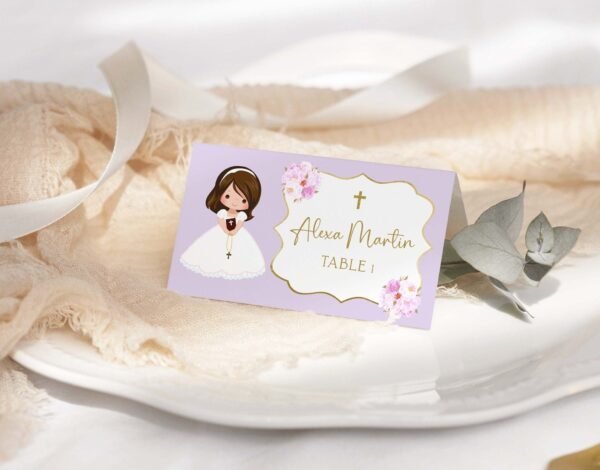 First Communion invitation girl, Printable Invitation, Floral Watercolor, Purple and Silver, Personalized invitation, FC03 - Image 9