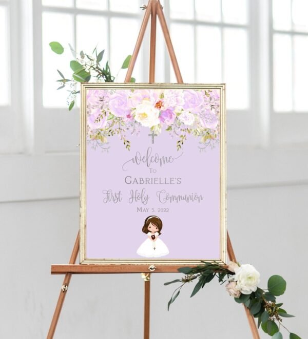 First Communion invitation girl, Printable Invitation, Floral Watercolor, Purple and Silver, Personalized invitation, FC03 - Image 8