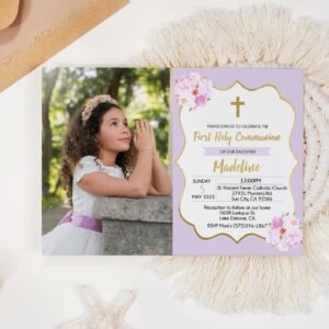 Girl First Communion Invitation girl Lilac Photo Printable Invitation Floral Watercolor, Lilac and gold, Editable Template, FC03