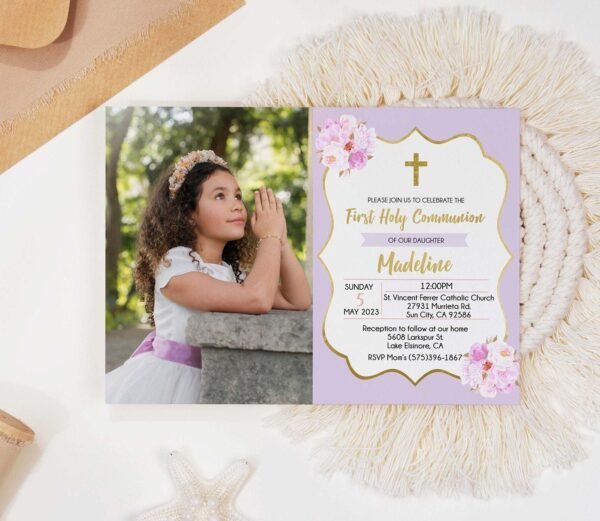 Girl First Communion Invitation girl Lilac Photo Printable Invitation Floral Watercolor, Lilac and gold, Editable Template, FC03