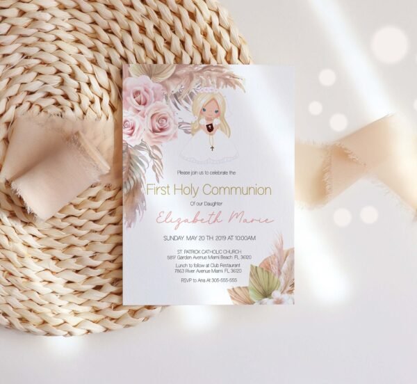Boho First communion Favor Tags for Girl, First Communion labels, Printable Tags, Blond Communion Girl, Communion Stickers, Editable - Image 4