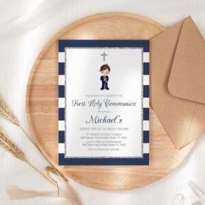 Boy First Communion Printable Invitation, 1st Communion Navy card, Religious invitation, Editable template, Navy and silver