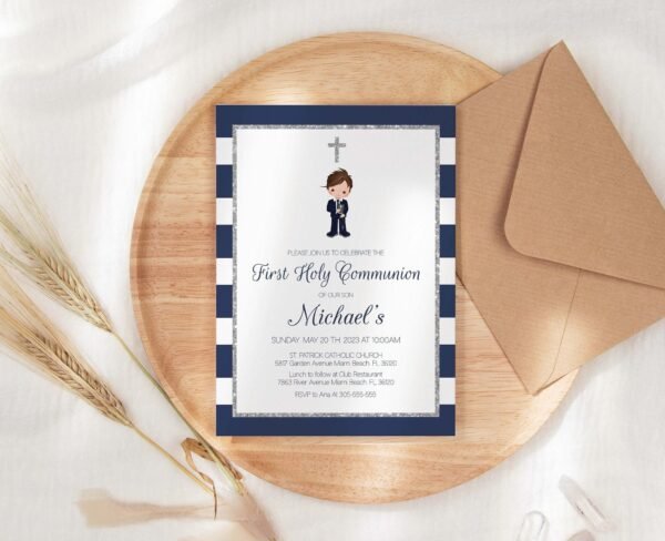 Boy First Communion Printable Invitation, 1st Communion Navy card, Religious invitation, Editable template, Navy and silver