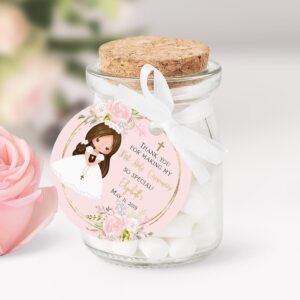 First communion favor tags girl, printable tags, communion girl, thank you tags communion, personalized favor tags, brunnete girl, FC01