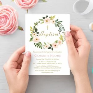 Floral Baptism invitation girl, Editable template, Girl Baptism invite, Wreath watercolor baptism, Printable invitation, Floral peach