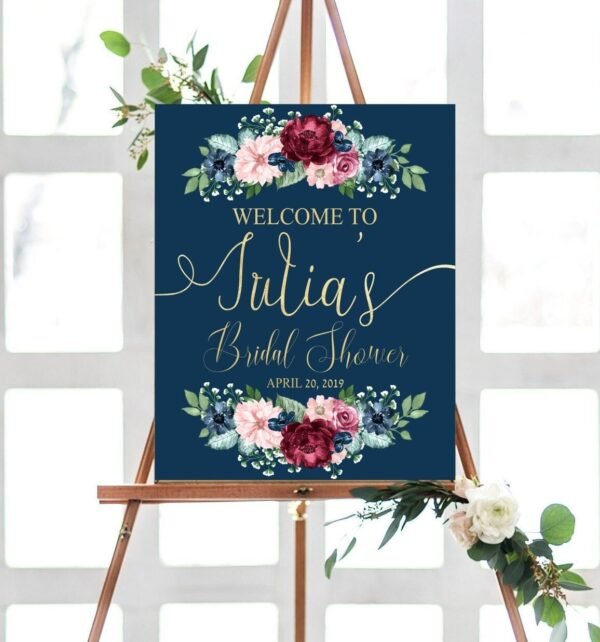 Burgundy Bridal shower welcome sign, printable bridal shower welcome sign, floral watercolor sign, bridal shower decoration, bridal tea sign