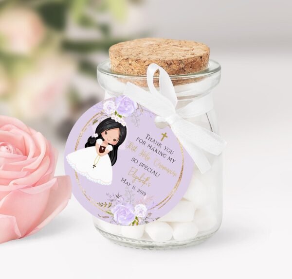 Girl favor tags communion, printable tags, communion girl, thank you tags communion, personalized favor tags, dark girl, FC03