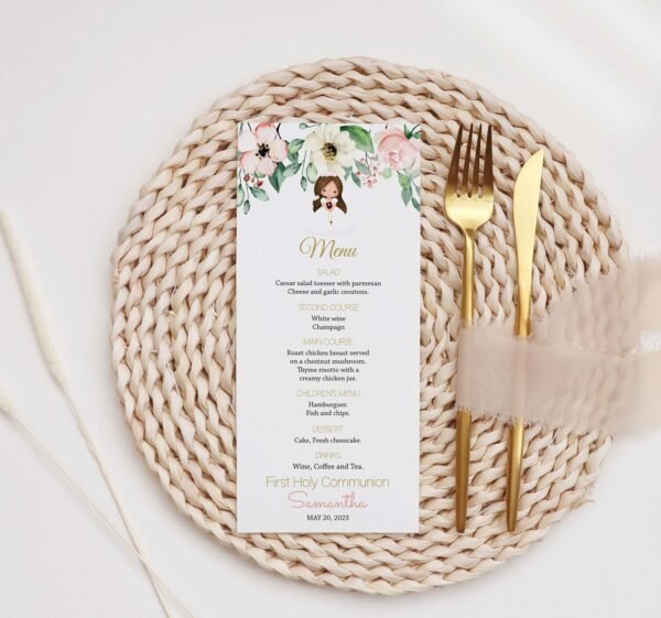 Girl First communion menu Template, Printable Menu, Girl 1st Communion, Editable Template, Floral watercolor, Peach and Pink, FC13