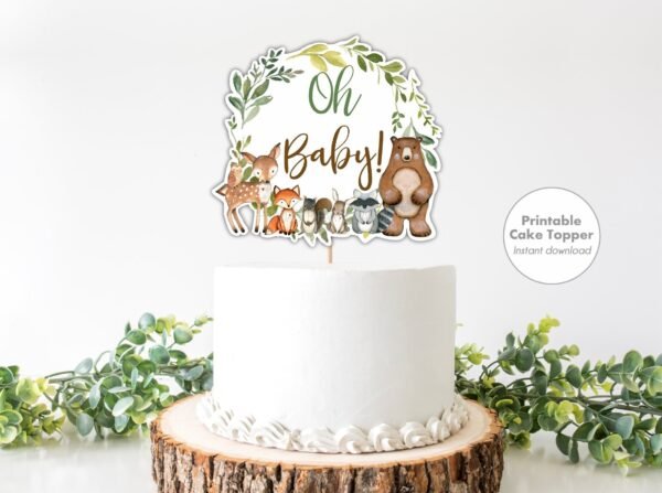 Woodland CAKE TOPPER Printable, Oh Baby Boy Baby Shower Cake Topper, Centerpiece, Woodland animals, Shower Decoration, Instant download