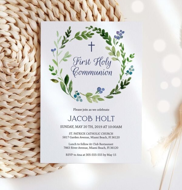 First holy communion invitation boy, printable invitation, wreath watercolor, instant download, boy communion, navy blue, 5x7, FC10