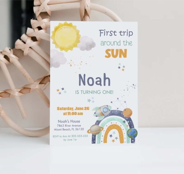 First Trip around the Sun Birthday Printable Invitation for Boy, Outer Space Birthday Invitation Template, Rainbow Birthday invitation - Image 2