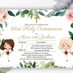 First Communion invitation siblings, communion twins, first communion girls, printable invitation, floral greenery invitation, sisters