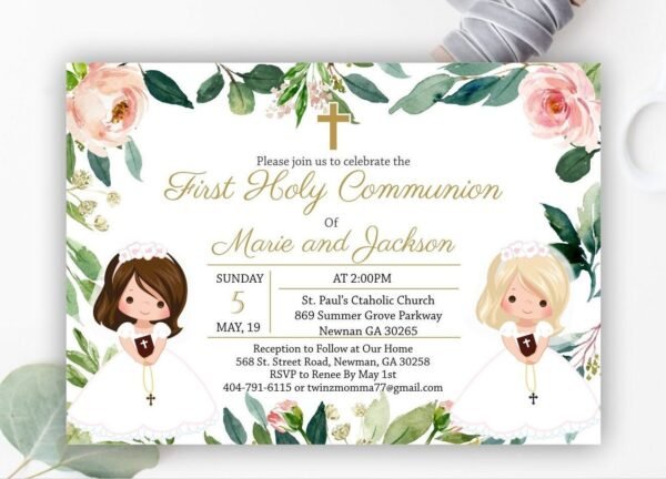 First Communion invitation siblings, communion twins, first communion girls, printable invitation, floral greenery invitation, sisters