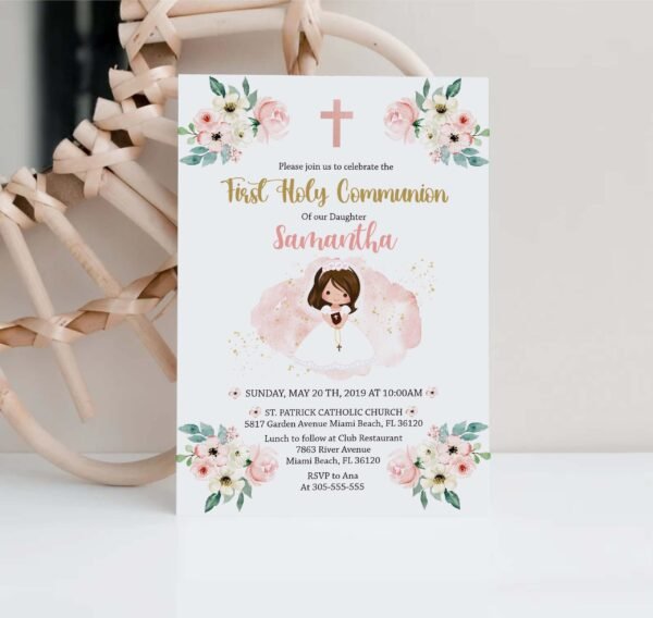 First Communion Girl Bookmark, Printable Bookmark, Communion favors, Floral watercolor, Peach and cream, Editable Template, FC13 - Image 5