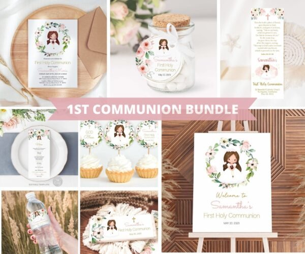 Girl First Holy Communion Invitation BUNDLE, Printable Invitation, Editable Template, Wreath Floral Peach and Rose Watercolor FC13
