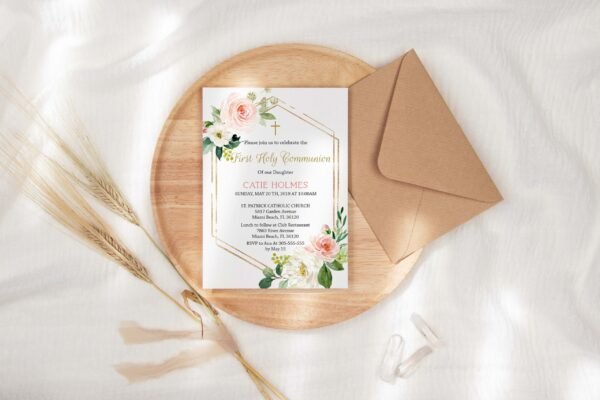 Printable first communion invitation girl, first holy communion girl, floral blush watercolor, blush and gold, instant download, FC05 - Image 2