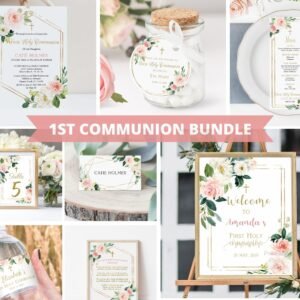 First Communion BUNDLE, Girl First Holy Communion, Printable Invitation, Editable Template, Wreath Floral Peach and Rose Watercolor FC13