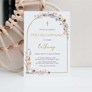 Girl First Holy Communion Card, First Holy Communion Floral Spring Flowers, Wild Floral Watercolor, Printable Invitation, Editable, FC16