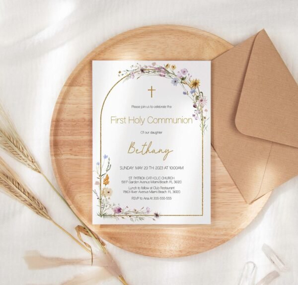 Gil First Communion Favor Tags, Thank you Tags Communion, printable tags, Spring Flowers, Wild floral, Editable template, Arch gold, FC16 - Image 4