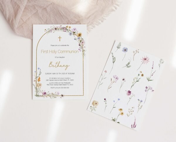 Girl First Holy Communion Card, First Holy Communion Floral Spring Flowers, Wild Floral Watercolor, Printable Invitation, Editable, FC16 - Image 3