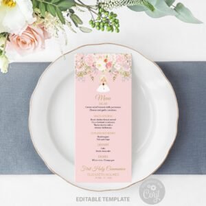 First communion menu template, Girl Communion, Menu Card, Printable Menu, Editable Template, Floral Blush Pink, FC02