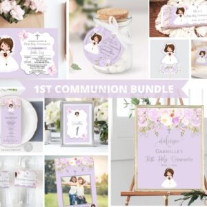 Girl First Holy Communion Invitation BUNDLE, 1st Communion Set, Editable Template, Printable Invitation, Lilac Floral Watercolor FC03