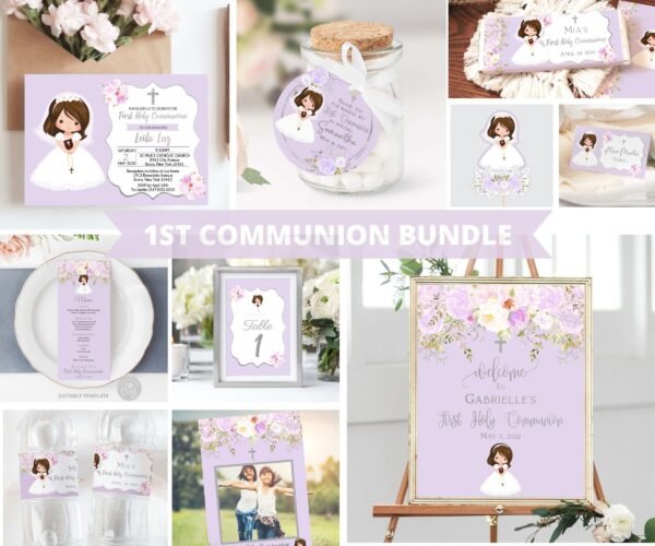 First Communion invitation girl, Printable Invitation, Floral Watercolor, Purple and Silver, Personalized invitation, FC03 - Image 6